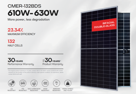 Tấm pin AE Solar CMER-132BDS 610–630 Wp hai mặt kính, hiệu suất 23,34%