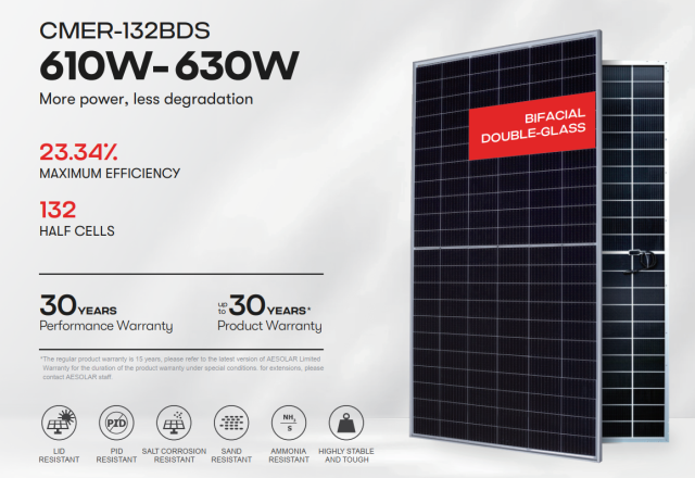 Tấm pin AE Solar CMER-132BDS 610–630 Wp hai mặt kính