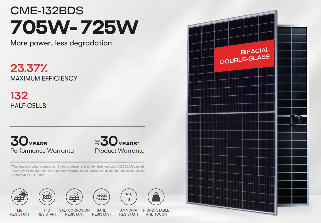 Tấm pin AE Solar CME-132BDS 705–725 Wp hai mặt kính