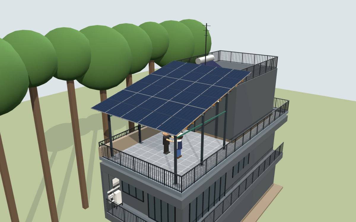 Mô hình 3D khung giàn 15 tấm pin trên sân thượng nhà phố do AXGEN SOLAR thiết kế