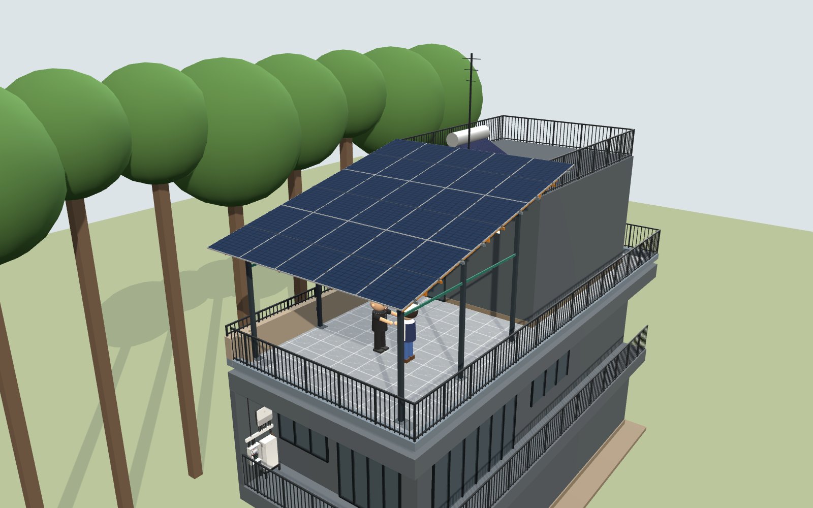 Mô hình 3D khung giàn 15 tấm pin 9,45 kWp trên sân thượng nhà phố
