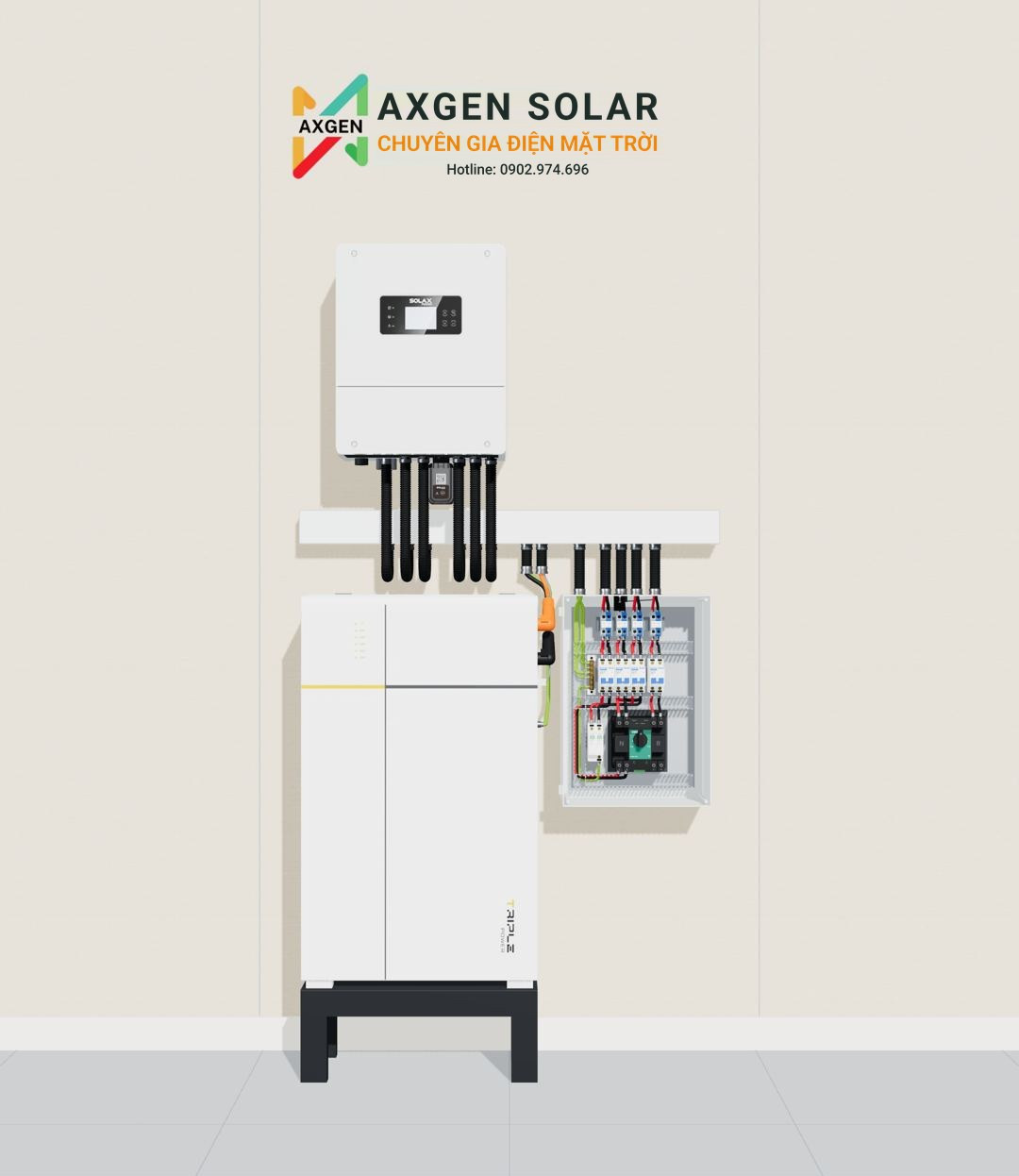 Mô hình 3D góc thiết bị SolaX 1 pha: inverter, pin lưu trữ, tủ điện