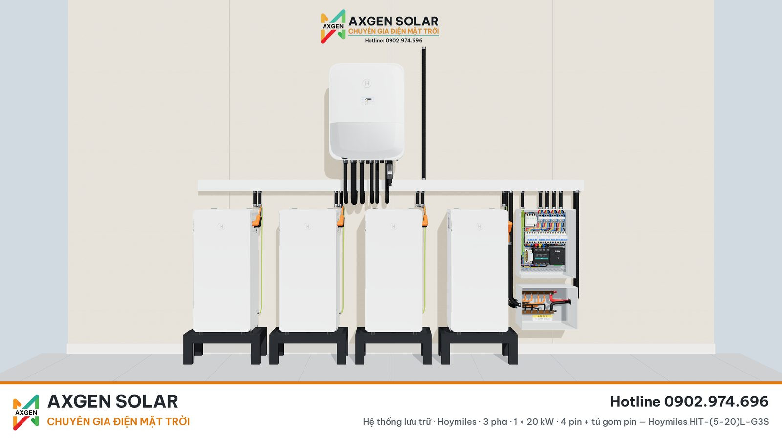 Bố trí mẫu hệ lưu trữ Hoymiles 3 pha 20 kW với 4 pin LB-16D-G3 và tủ điện do AXGEN SOLAR thiết kế