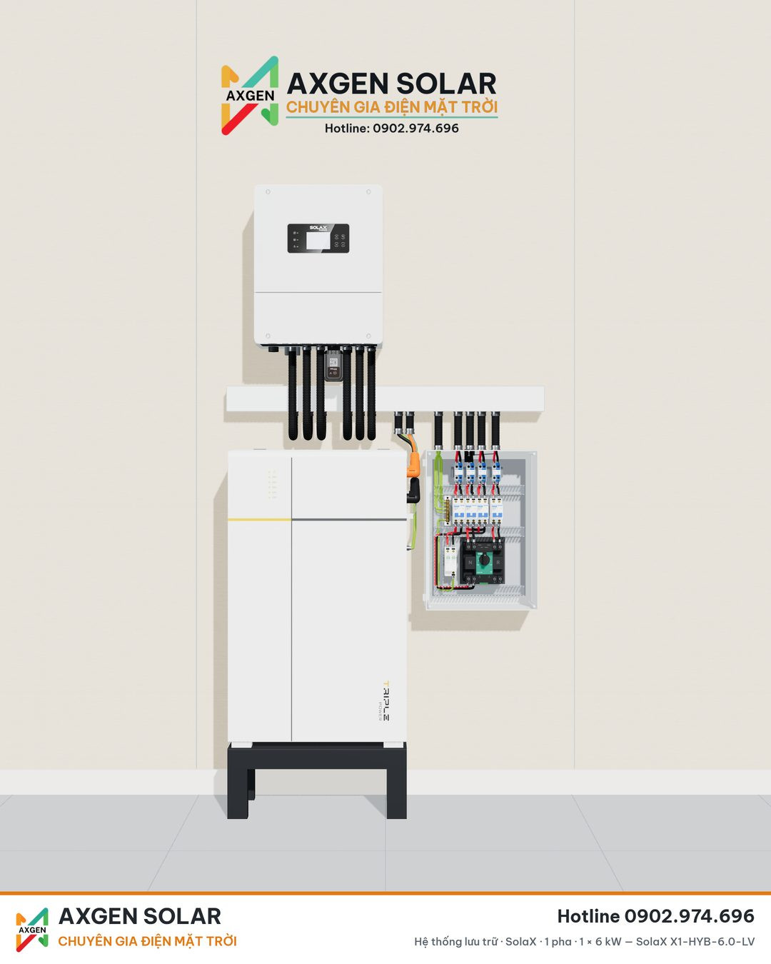 Góc thiết bị hệ lưu trữ SolaX 1 pha do AXGEN SOLAR thiết kế: inverter Hybrid, pin lưu trữ và tủ điện