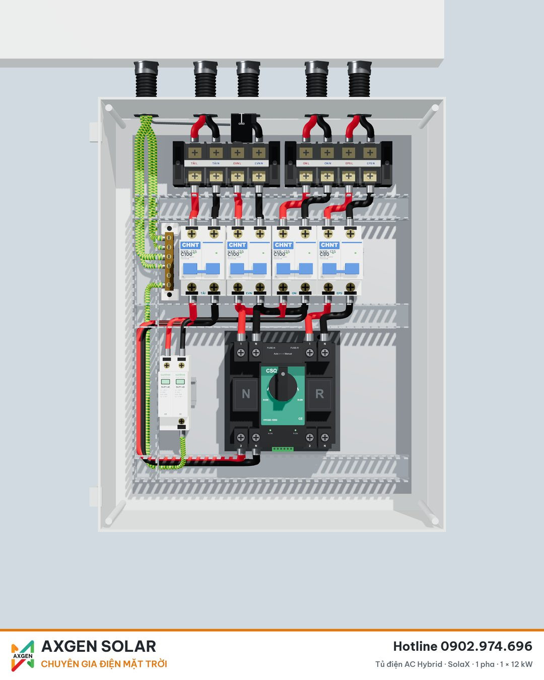 Tủ điện Hybrid 1 pha do AXGEN SOLAR lắp sẵn: thiết bị đóng cắt, chống sét lan truyền AC và bộ chuyển nguồn