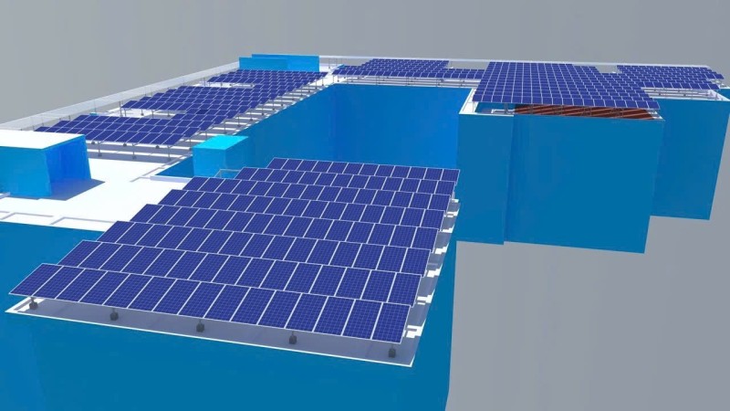 Bản thiết kế 3D bố trí tấm pin trên mái trước khi thi công